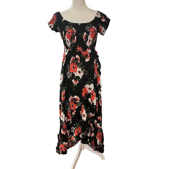 Torrid Black Floral Hi Lo Off Shoulder Dress Size 00 - Picture 4 of 11